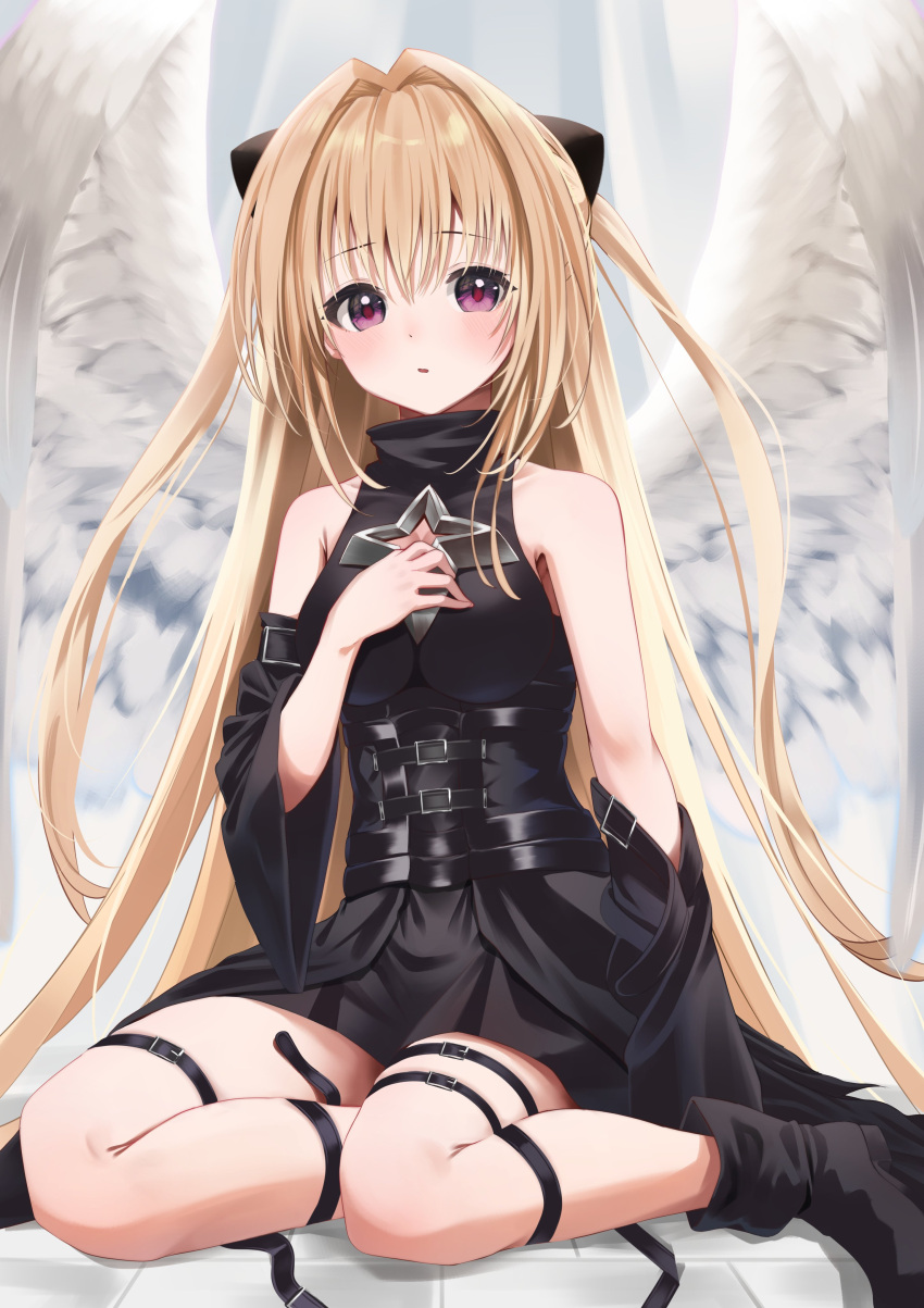 1girl absurdres angel_wings black_dress black_footwear blonde_hair boots breasts detached_sleeves dress hair_intakes hand_on_own_chest highres koisuke konjiki_no_yami long_hair looking_at_viewer medium_breasts red_eyes sitting solo thigh_strap to_love-ru to_love-ru_darkness two_side_up white_wings wings yokozuwari