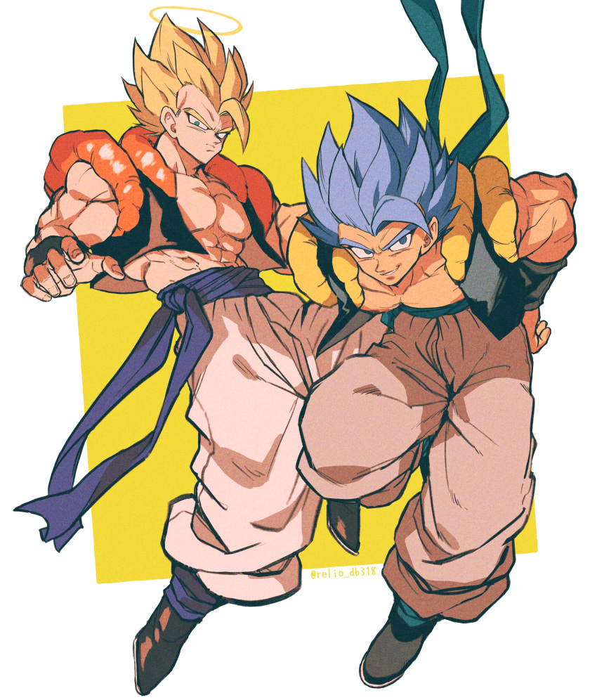 2boys abs absurdres artist_name baggy_pants biceps black_footwear black_vest blonde_hair blue_eyes blue_hair blue_sash boots closed_mouth collarbone dragon_ball dragon_ball_super dragon_ball_z dual_persona full_body gogeta green_eyes halo highres leaning_forward looking_at_viewer male_focus metamoran_vest multiple_boys muscular muscular_male open_clothes open_vest pants parted_lips pectorals relio_db318 sash serious simple_background smile spiked_hair super_saiyan super_saiyan_1 super_saiyan_blue twitter_username two-tone_background v-shaped_eyebrows vest white_background white_pants yellow_background