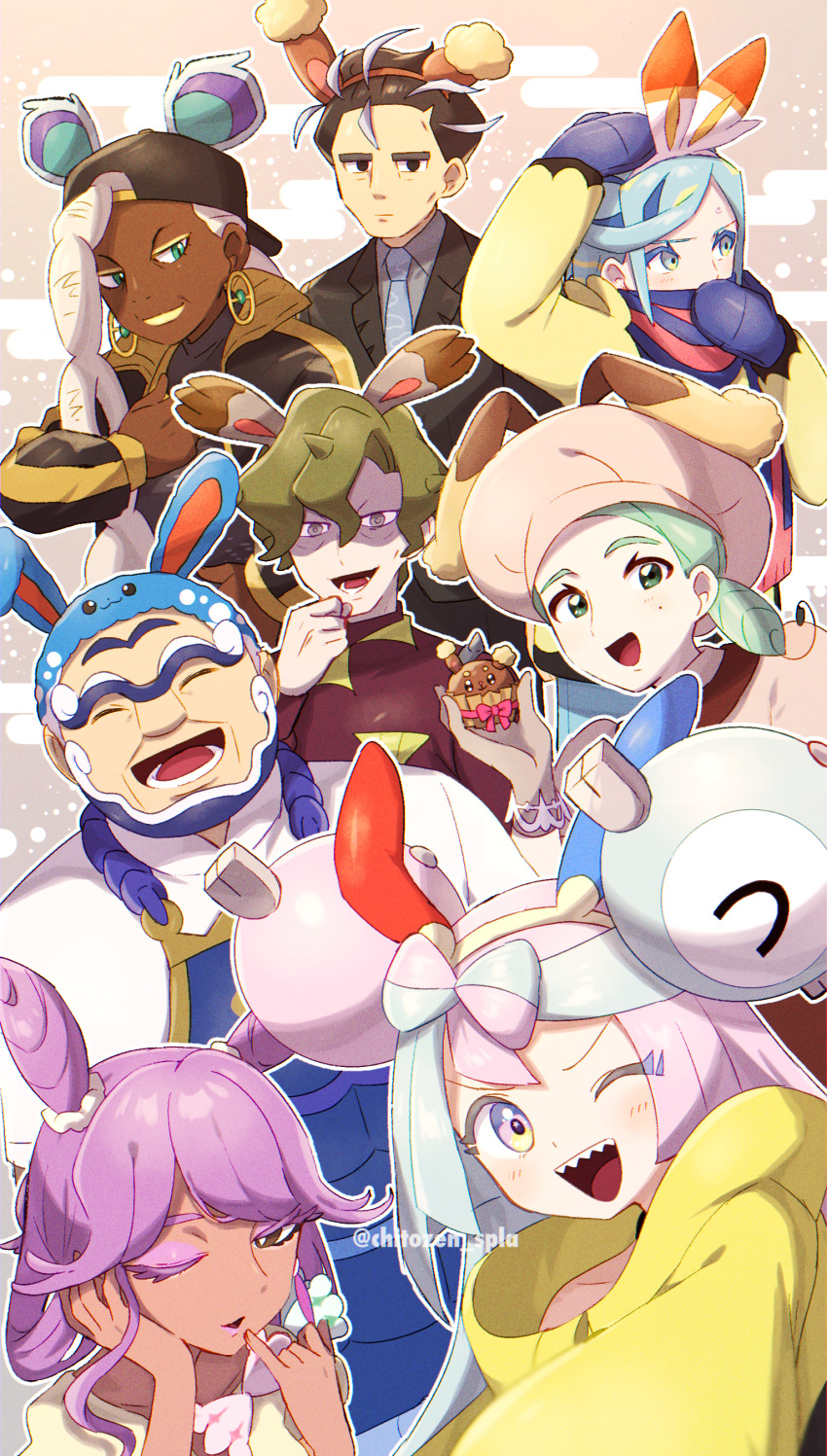 4boys 4girls :d ;d absurdres apron azumarill backwards_hat bangs blue_apron blue_mittens blush brassius_(pokemon) buneary bunnelby character_hair_ornament chitozen_(pri_zen) closed_eyes collared_shirt commentary_request dark-skinned_female dark_skin earrings eyeshadow facing_viewer green_hair grusha_(pokemon) hair_ornament hands_up hat highres iono_(pokemon) jacket jewelry katy_(pokemon) kofu_(pokemon) larry_(pokemon) looking_at_viewer lopunny lower_teeth_only makeup mittens multiple_boys multiple_girls necktie one_eye_closed open_mouth pokemon pokemon_(game) pokemon_ears pokemon_sv purple_eyeshadow purple_hair red_jacket ryme_(pokemon) scarf scarf_over_mouth scorbunny shirt smile teeth tongue tulip_(pokemon) upper_teeth_only white_shirt yellow_jacket