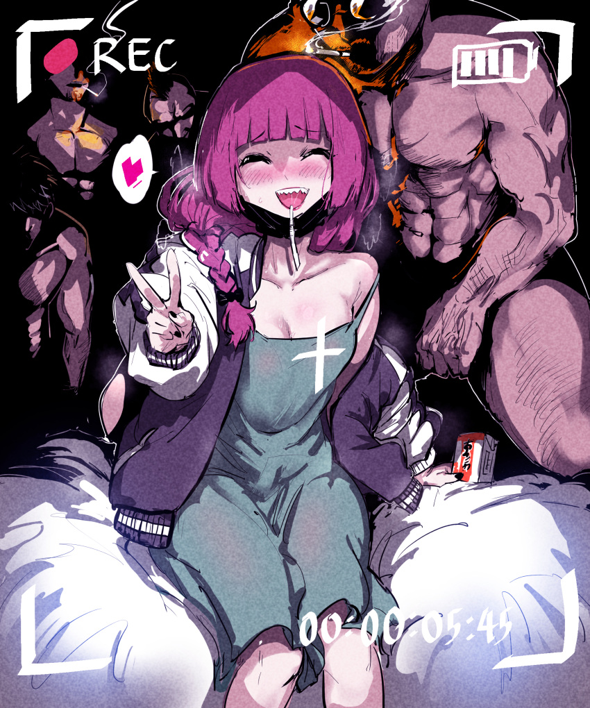 1girl absurdres anuttsuii bocchi_the_rock! breasts cleavage clothed_female_nude_male dark_background dress drinking_straw heart highres hiroi_kikuri imminent_gangbang jacket juice_box letterman_jacket multiple_boys muscular muscular_male nude open_mouth purple_hair recording shaded_face sharp_teeth sitting smile spoken_heart strap_slip sunglasses teeth v viewfinder
