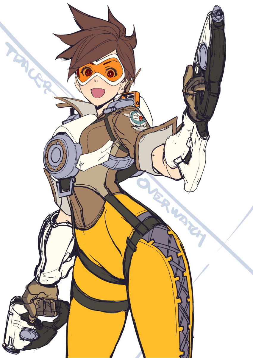 1girl :d bodysuit brown_gloves brown_hair character_name contrapposto copyright_name dual_wielding gloves goggles gun highres holding holding_gun holding_weapon kotatsu_(g-rough) looking_at_viewer overwatch red_eyes short_hair smile solo standing tracer_(overwatch) weapon yellow_bodysuit