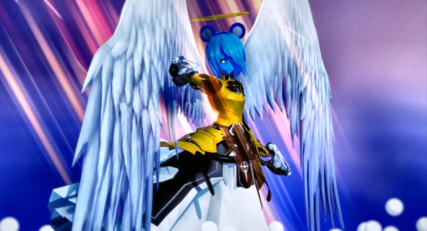 angel_wings animal_ears anubriel_lunabrie_shadowlight armor blue_hair blue_skin colored_skin gun halo holding holding_gun holding_weapon long_skirt mouse_ears non-web_source self_upload shadowlight skirt weapon wings