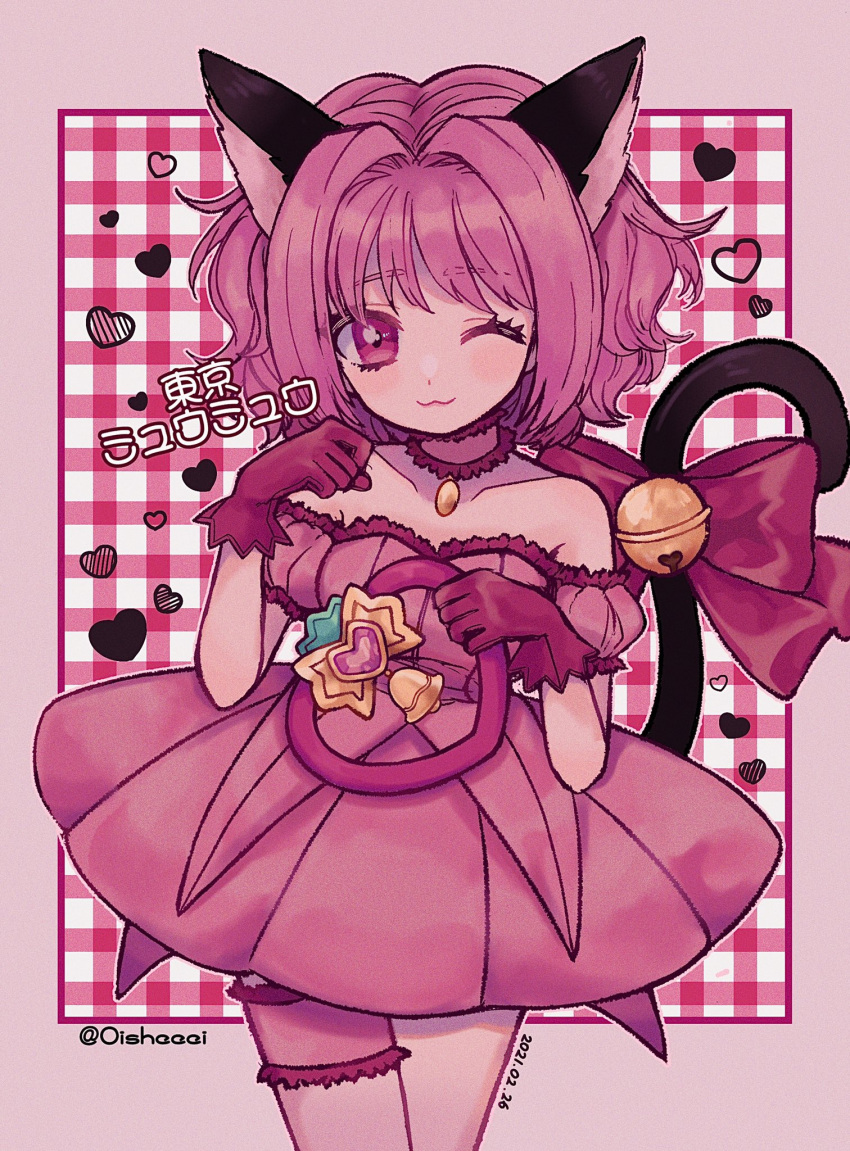 1girl :3 animal_ears bare_shoulders bell blush bow cat_ears cat_tail choker detached_sleeves dress gloves heart highres jingle_bell looking_at_viewer magical_girl mameeekueya mew_ichigo one_eye_closed pink_choker pink_eyes pink_hair puffy_sleeves red_gloves short_hair smile solo tail tail_bell tail_bow tail_ornament tokyo_mew_mew