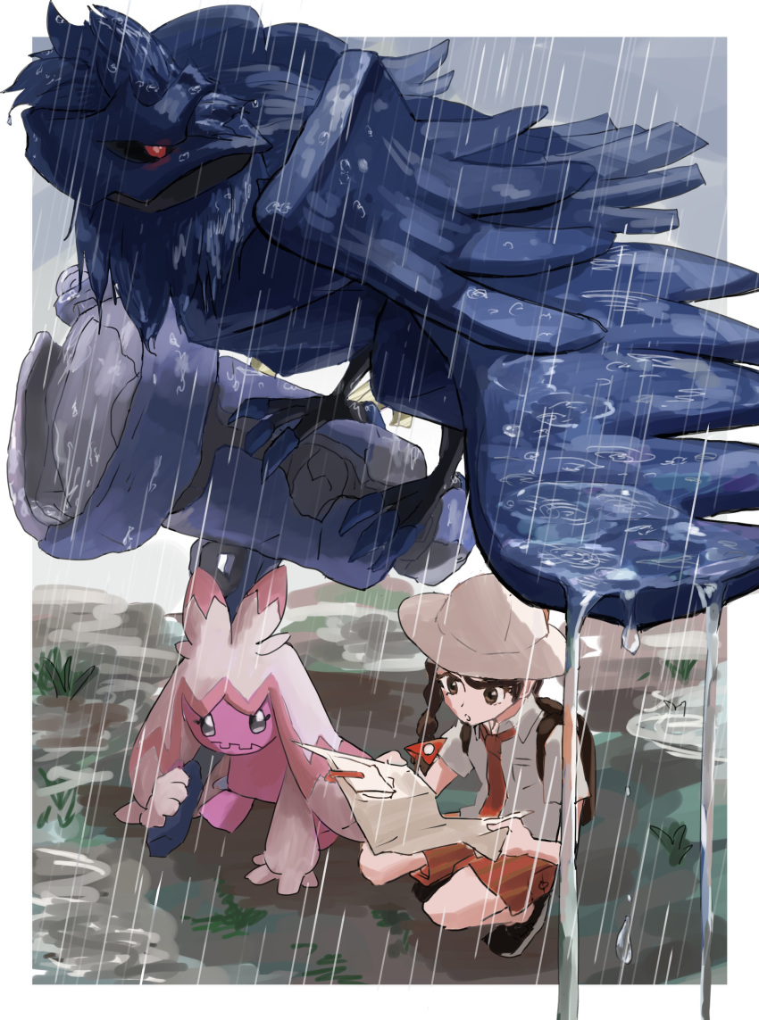 1girl absurdres backpack bag black_feathers brown_hair colored_skin corviknight feathers glowing glowing_eyes hammer hat highres juliana_(pokemon) keina_(ke1na_h) naranja_academy_school_uniform necktie orange_necktie orange_shorts pink_skin pokemon pokemon_(creature) pokemon_(game) pokemon_sv rain red_eyes school_uniform shorts squatting striped striped_shorts tinkaton vertical-striped_shorts vertical_stripes wet