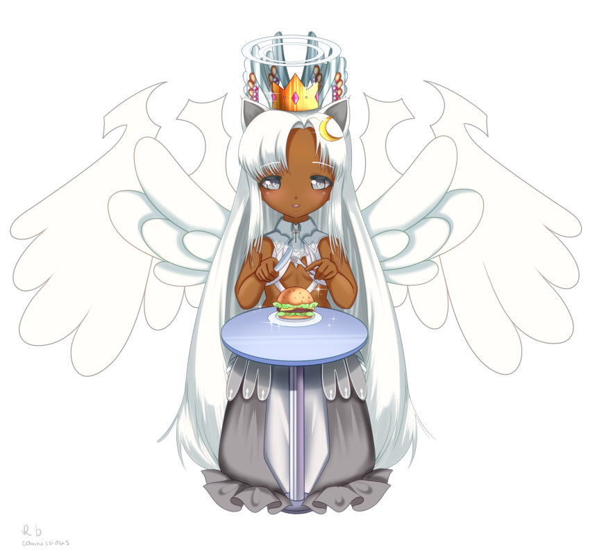 angel_wings animal_ears anubriel_lunabrie_shadowlight burger celestial_being crown dark_skin eating food hair_ornament highres long_hair lunabrie non-web_source open_mouth self_upload very_long_hair white_hair wings wolf_ears