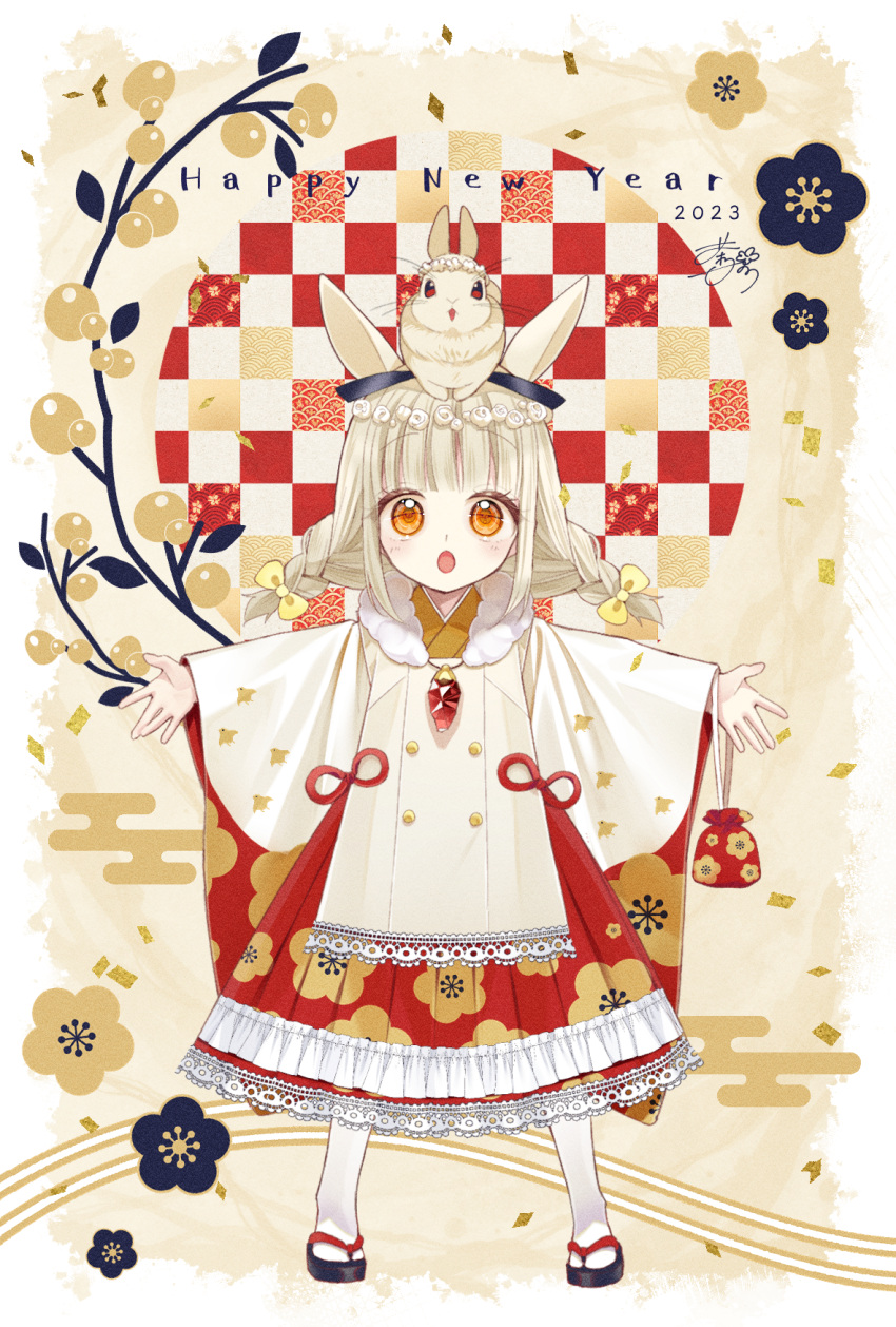 1girl 2023 animal_ears bangs black_footwear bow braid chano_hinano checkered_background chinese_zodiac commentary_request egasumi floral_print full_body hair_bow happy_new_year highres long_hair long_sleeves looking_at_viewer low_twintails open_mouth orange_eyes original pantyhose pleated_skirt print_skirt rabbit rabbit_ears red_skirt signature skirt solo standing twin_braids twintails white_pantyhose wide_sleeves year_of_the_rabbit yellow_bow zouri