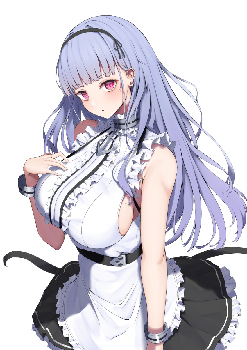 1girl apron azur_lane black_hairband black_skirt breasts center_frills commentary dido_(azur_lane) frilled_apron frills from_above hairband hand_on_own_chest highres large_breasts light_purple_hair long_hair looking_at_viewer looking_up m-&gt;g maid purple_eyes shirt sideboob simple_background skirt solo waist_apron white_apron white_background white_shirt