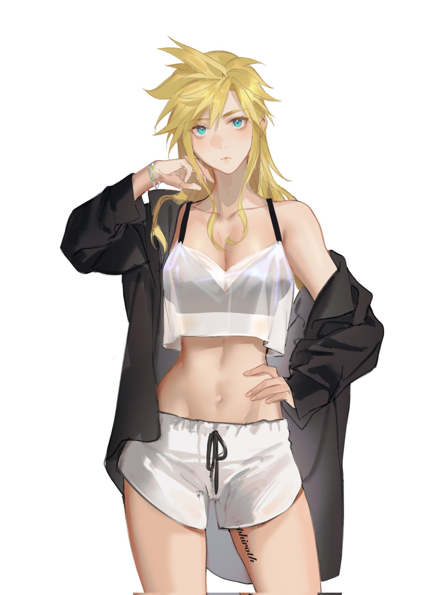 1girl alternate_hair_length alternate_hairstyle aqua_eyes bangle black_bra black_shirt blonde_hair body_writing boyshort_panties bra bracelet breasts cloud_strife collarbone commentary_request contrapposto crop_top final_fantasy final_fantasy_vii genderswap genderswap_(mtf) hand_on_hip highres jewelry large_breasts leg_tattoo long_hair looking_at_viewer lowleg lowleg_shorts narrow_waist navel off-shoulder_shirt off_shoulder open_clothes open_shirt see-through shirt shorts solo standing tattoo toned underwear white_background white_shorts xianyu314