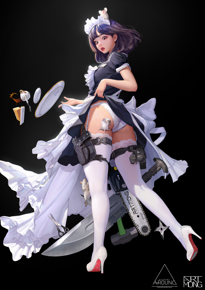 1girl absurdres apron artmong black_background brown_eyes brown_hair cake cake_slice chainsaw clothes_lift cup dress dress_lift explosive food fork full_body garter_straps grenade gun hammer handgun high_heels highres lace-trimmed_legwear lace_trim lifted_by_self maid maid_headdress mouse nose open_mouth original panties red_lips saucer scissors short_sleeves sledgehammer solo teacup thighhighs tray underwear weapon white_apron white_footwear white_panties white_thighhighs