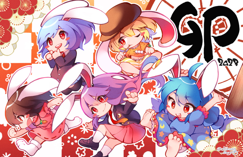 2023 5girls :d ahoge animal_ears artist_name bangs barefoot beret black_footwear black_hair black_jacket blazer blonde_hair blue_dress blue_hair blue_skirt blush_stickers chibi chikuwa_savy chinese_zodiac closed_mouth collared_shirt commentary_request crescent crescent_pin dango dress earclip fang flat_cap food full_body hair_between_eyes hat highres inaba_tewi jacket kine loafers long_hair long_sleeves mallet medium_hair multiple_girls necktie one_eye_closed open_clothes open_jacket open_mouth orange_shirt pink_dress pink_skirt puffy_short_sleeves puffy_sleeves purple_hair rabbit_ears rabbit_girl red_eyes red_necktie reisen_(touhou_bougetsushou) reisen_udongein_inaba ringo_(touhou) seiran_(touhou) shirt shoes short_sleeves shorts skirt smile socks striped striped_shorts touhou two-tone_shorts vertical-striped_shorts vertical_stripes wagashi white_shirt white_shorts white_socks year_of_the_rabbit yellow_shorts