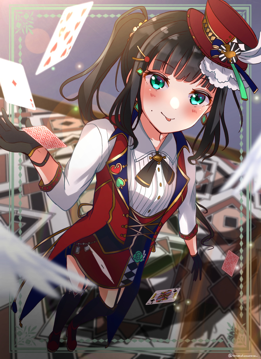 1girl absurdres bangs birthday black_gloves black_hair card commentary_request earrings garter_straps gloves green_eyes hair_ornament hat high_ponytail highres jewelry kurosawa_dia looking_at_viewer love_live! love_live!_sunshine!! mole mole_under_mouth playing_card ponytail sasanohasarasa sidelocks solo thighhighs tongue tongue_out