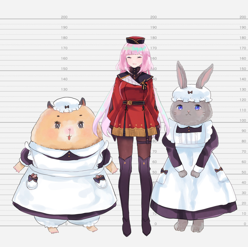 3girls arms_at_sides black_dress black_footwear black_gloves blue_eyes boots brown_pantyhose closed_eyes dress facing_viewer furry gloves hat height_chart long_hair long_sleeves maid mob_cap multiple_girls nisei_(tanny) pantyhose pink_hair pixiv_fantasia pixiv_fantasia_scepter_of_zeraldia rabbit red_headwear simple_background standing swylveine_klark thigh_boots thigh_strap white_headwear