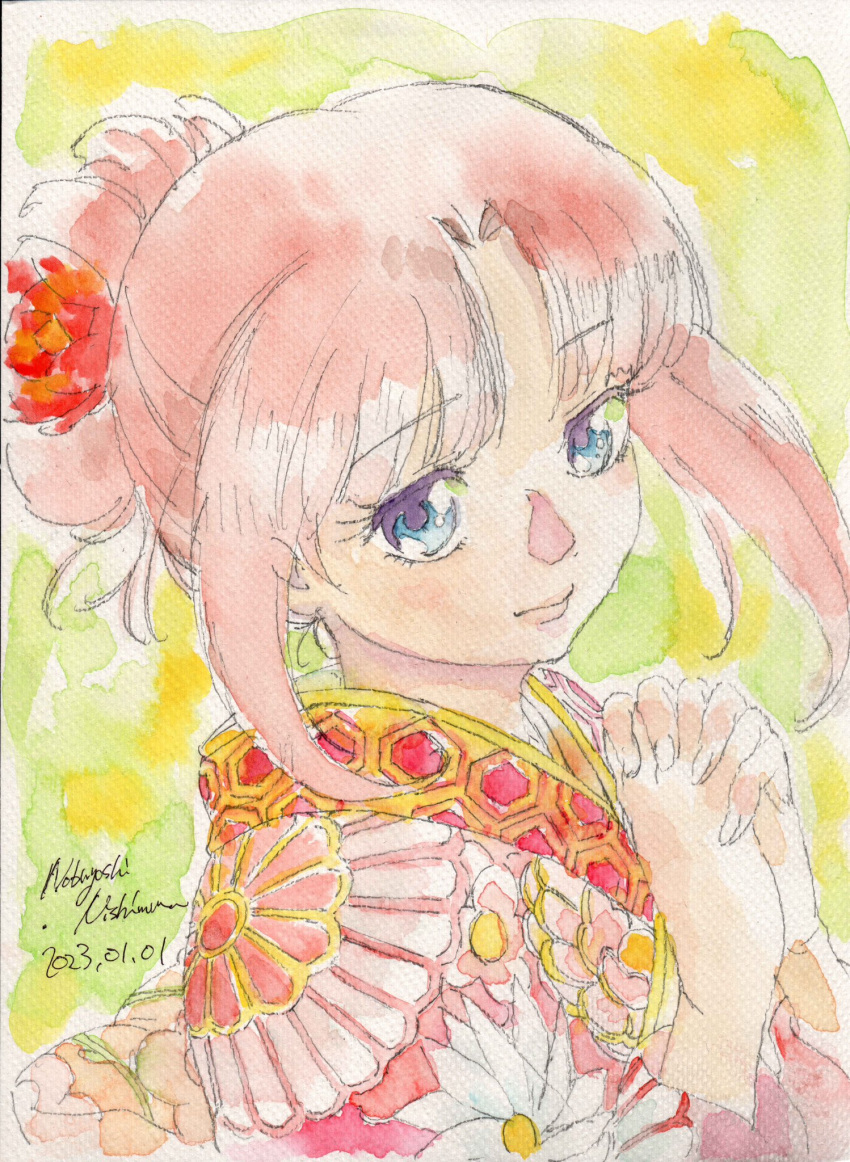 1girl after_war_gundam_x alternate_costume alternate_hair_color alternate_hairstyle artist_name bangs dated flower from_side gundam hair_bun hair_flower hair_ornament head_tilt highres japanese_clothes kimono light_smile looking_at_viewer nishimura_nobuyoshi own_hands_clasped own_hands_together painting_(medium) parted_bangs pink_hair pink_kimono red_flower single_hair_bun solo tiffa_adill traditional_media watercolor_(medium)