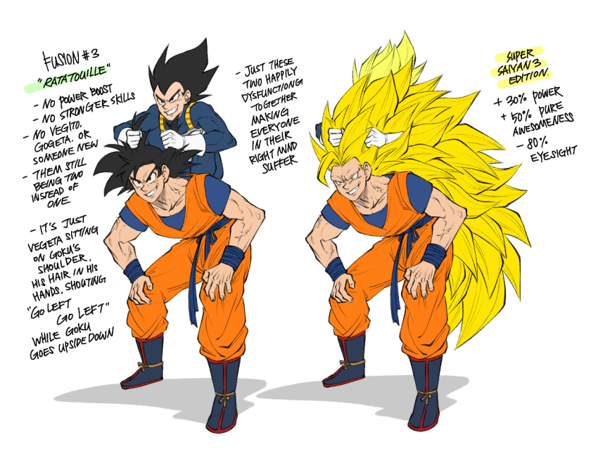 2boys bent_over black_eyes black_hair blonde_hair boots carrying dougi dragon_ball dragon_ball_z english_text furrowed_brow gloves green_eyes grin hands_on_own_knees holding_another's_hair jorongbak long_hair male_focus multiple_boys piggyback smile son_goku super_saiyan super_saiyan_1 super_saiyan_3 v-shaped_eyebrows vegeta very_long_hair white_gloves wristband