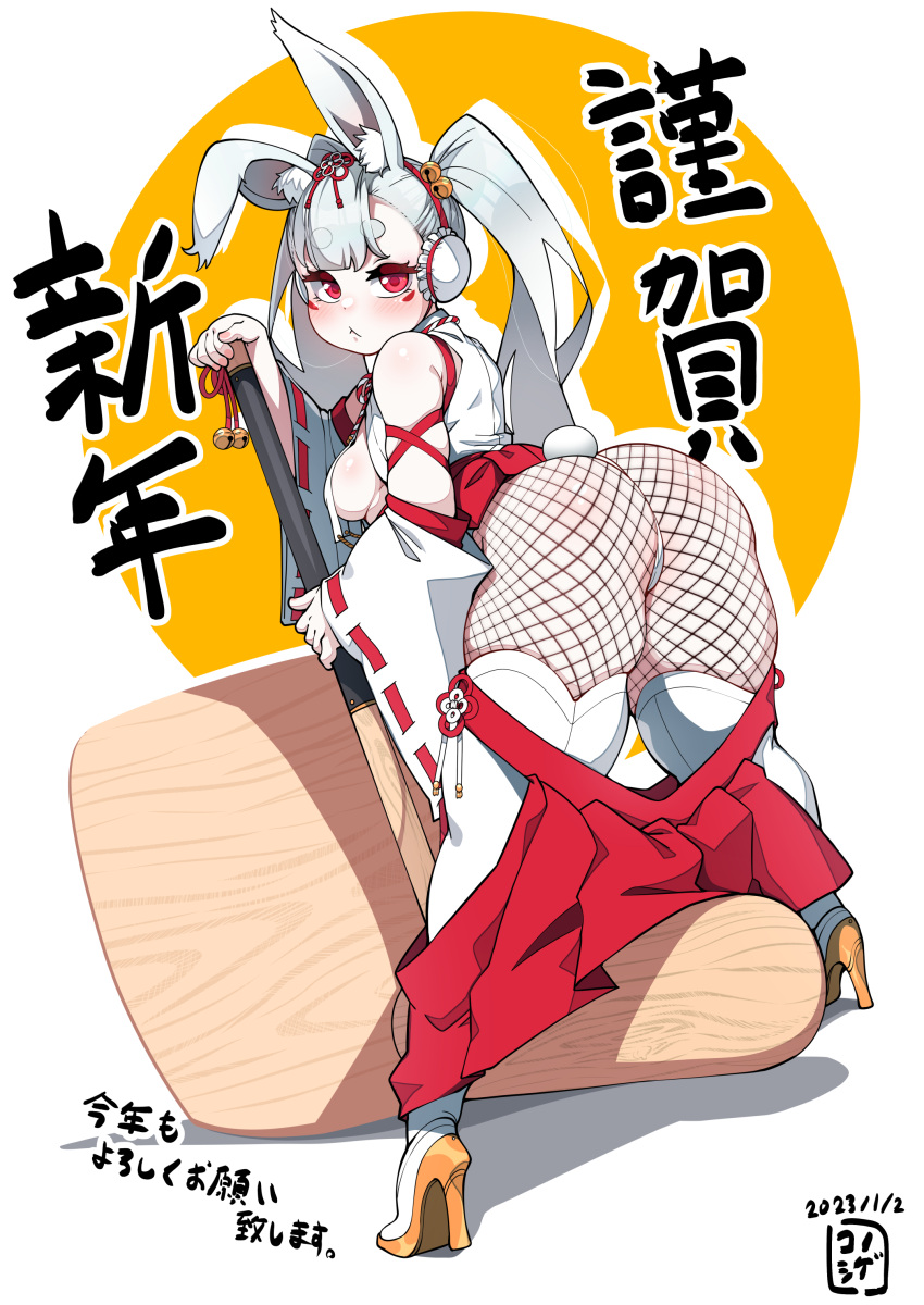 1girl absurdres animal_ear_fluff animal_ears ass boots breasts chinese_zodiac detached_sleeves fishnet_pantyhose fishnets hakama hakama_pull hakama_short_skirt hakama_skirt high_heel_boots high_heels highres hip_vent japanese_clothes konoshige_(ryuun) long_hair medium_breasts nontraditional_miko original pantyhose rabbit_ears rabbit_girl rabbit_tail red_eyes red_hakama ribbon-trimmed_sleeves ribbon_trim short_eyebrows skirt solo standing tail thick_eyebrows thigh_boots twintails white_footwear white_hair wide_sleeves year_of_the_rabbit