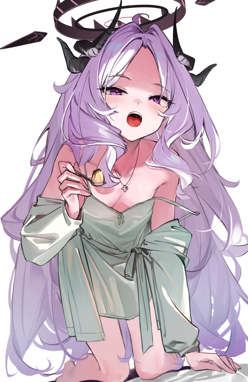1girl 7gao all_fours alternate_costume blue_archive breasts dress green_dress grey_hair halo highres hina_(blue_archive) holding holding_spoon horns long_hair long_sleeves looking_at_viewer multiple_horns open_mouth purple_eyes simple_background small_breasts solo spoon strap_slip teeth tongue upper_teeth_only very_long_hair white_background