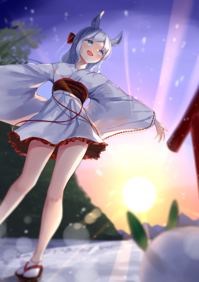 1girl absurdres akinakesu-chan animal_ears bangs blue_eyes blurry blurry_foreground commentary_request depth_of_field frilled_skirt frills grey_hair highres japanese_clothes kimono obi original outdoors outstretched_arm parted_bangs red_footwear sash skirt snow snow_bunny socks solo standing sunrise tabi torii white_kimono white_skirt white_socks wide_sleeves zouri