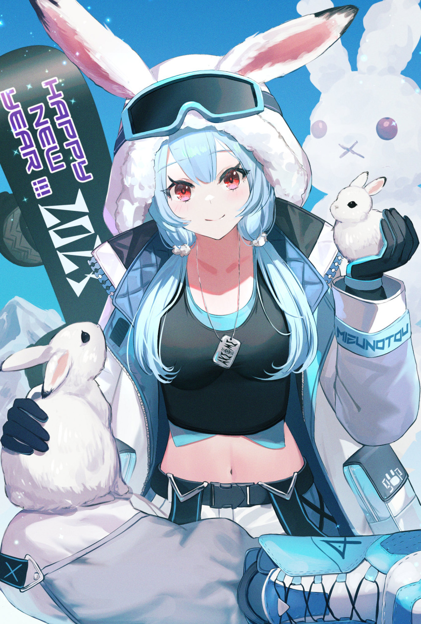 1girl animal animal_ears blue_footwear blue_hair boots breasts closed_mouth collarbone dog_tags dolce_(dolsuke) goggles goggles_on_head highres holding holding_animal hood long_hair looking_at_viewer low_twintails medium_breasts midriff navel original pants rabbit rabbit_ears red_eyes sitting smile snowboard solo twintails white_pants