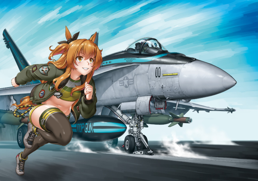 1girl 1other aircraft aircraft_carrier airplane animal_ears bomb bomber_jacket brown_hair commentary_request dog_tags explosive f/a-18e_super_hornet fighter_jet henshako horse_ears horse_girl jacket jet long_hair long_sleeves mayano_top_gun_(umamusume) military military_vehicle missile name_connection navel orange_eyes pilot running ship shirt shoes shorts skindentation smile sneakers solo_focus thighhighs top_gun top_gun:_maverick umamusume united_states_navy warship watercraft