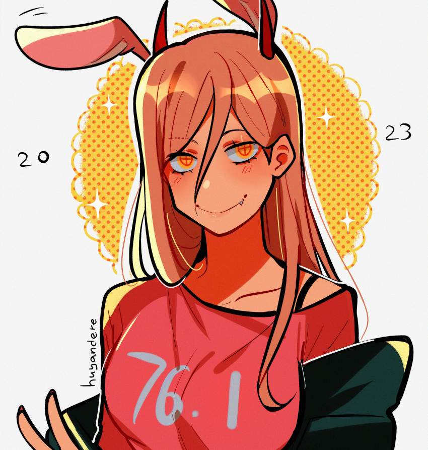 1girl 2023 absurdres animal_ears artist_name blush brown_hair chainsaw_man chinese_zodiac cross-shaped_pupils fake_animal_ears fang hair_between_eyes highres horns huyandere long_hair looking_at_viewer off_shoulder orange_eyes pink_shirt power_(chainsaw_man) rabbit_ears red_horns shirt simple_background smile solo symbol-shaped_pupils v white_background year_of_the_rabbit