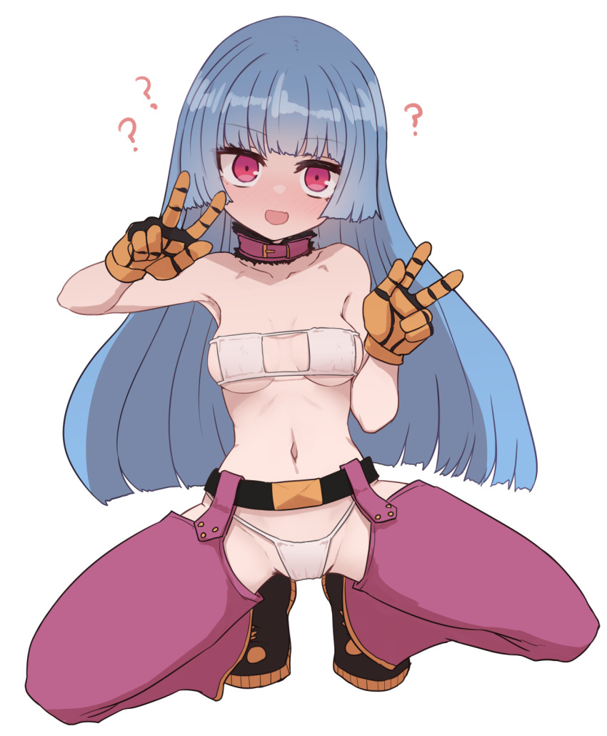 1girl :d ? belt belt_collar bikini black_belt blue_hair blush breasts collar detached_pants double_w eyepatch_bikini full_body gloves highres hypnosis kula_diamond long_hair looking_at_viewer medium_breasts micro_bikini mind_control navel pants pink_pants simple_background smile solo squatting sumiyao_(amam) swimsuit the_king_of_fighters underboob w white_background