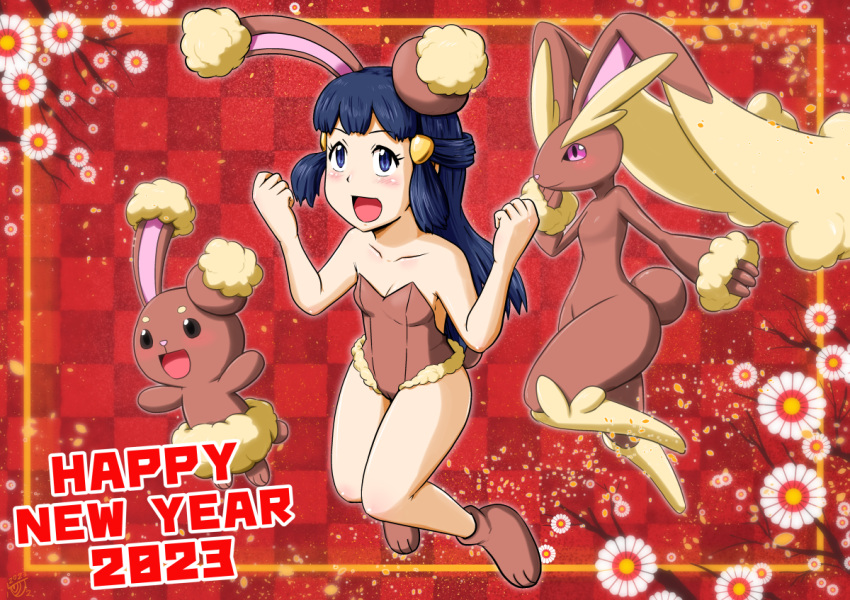 1other 2023 2girls alternate_costume animal_ears animal_nose arms_up bangs bare_legs bare_shoulders black_eyes blue_eyes blush body_fur border breasts brown_footwear brown_fur brown_leotard buneary buneary_(cosplay) cameltoe checkered_background chinese_zodiac clenched_hands collarbone commentary_request cosplay dawn_(pokemon) english_text evolutionary_line flower full_body fur-trimmed_leotard furry furry_female gouguru groin hair_ornament hairclip hand_to_own_mouth hand_up hands_up happy happy_new_year jumping knees_together_feet_apart leg_up legs leotard looking_up lopunny multiple_girls new_year open_mouth orange_border paw_shoes petals pink_eyes playboy_bunny pokemon pokemon_(creature) pokemon_(game) pokemon_dppt rabbit_ears rabbit_girl rabbit_tail red_background sidelocks signature small_breasts smile strapless strapless_leotard tail thick_thighs thighs two-tone_fur white_flower year_of_the_rabbit yellow_fur