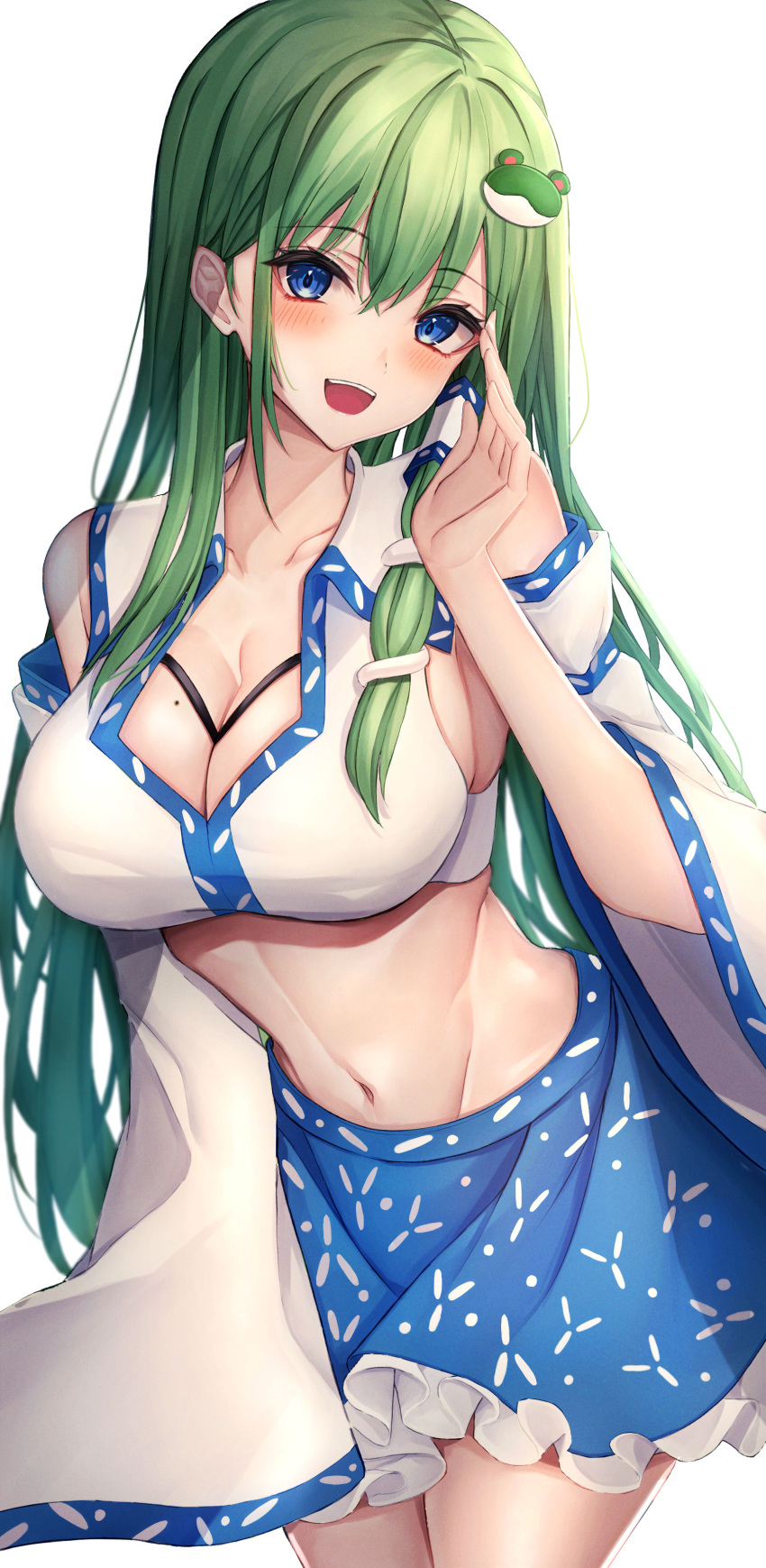 .me 1girl absurdres blue_eyes blue_skirt breasts cleavage collared_shirt crop_top detached_sleeves frog_hair_ornament green_hair hair_ornament hair_tubes highres kochiya_sanae long_hair midriff miniskirt mole mole_on_breast navel nontraditional_miko revision shirt simple_background single_sidelock skirt sleeveless sleeveless_shirt snake_hair_ornament solo teeth touhou upper_teeth_only white_background white_shirt