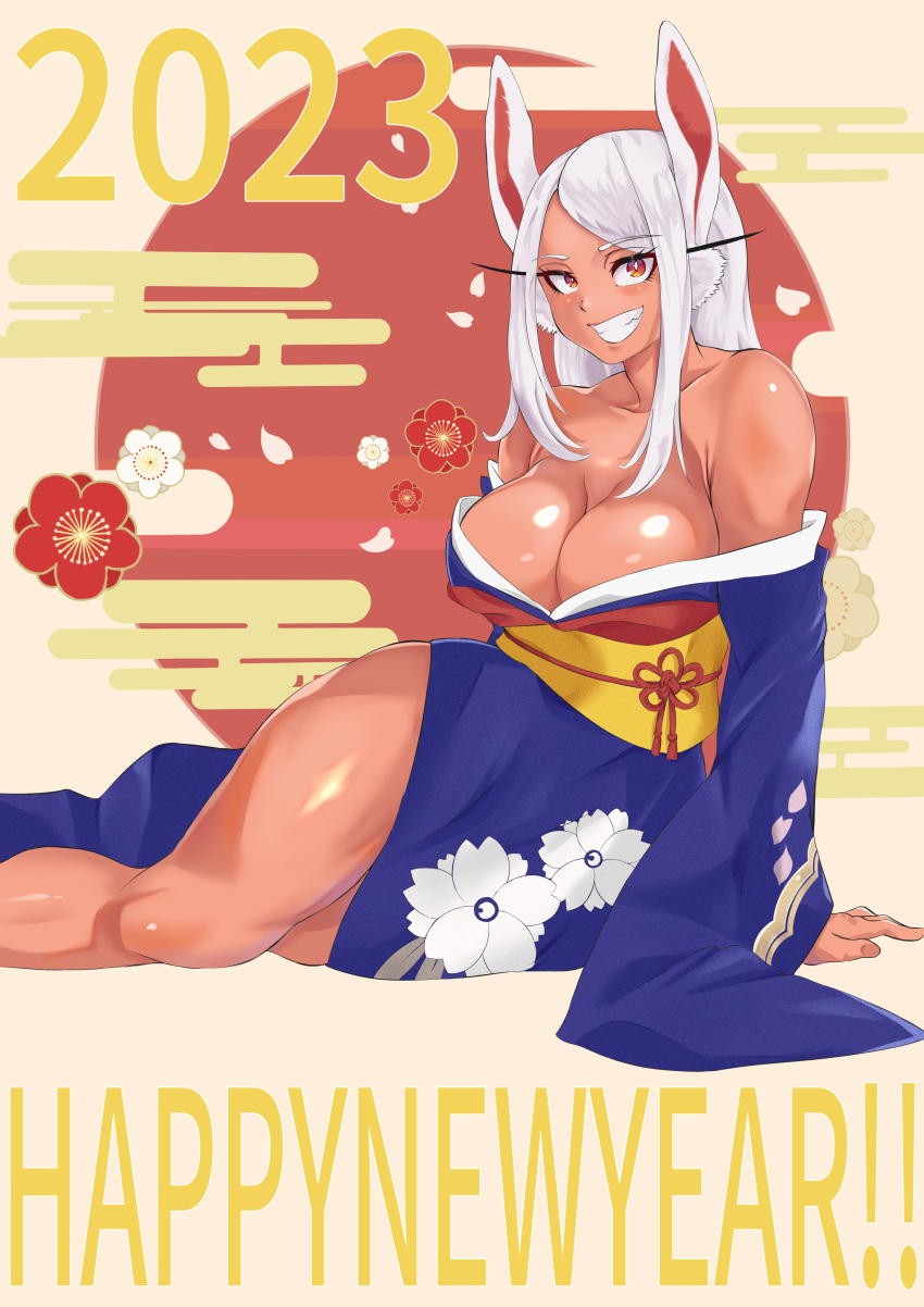 1girl 2023 :d absurdres animal_ears bangs bare_legs bare_shoulders blue_kimono boku_no_hero_academia breasts cleavage collarbone dark-skinned_female dark_skin floral_print happy_new_year highres japanese_clothes kimono large_breasts long_eyelashes long_hair looking_at_viewer lying mirko obi off_shoulder omanju25 on_side parted_bangs rabbit_ears rabbit_girl red_eyes sash shiny shiny_skin sitting smile solo thick_thighs thighs white_hair