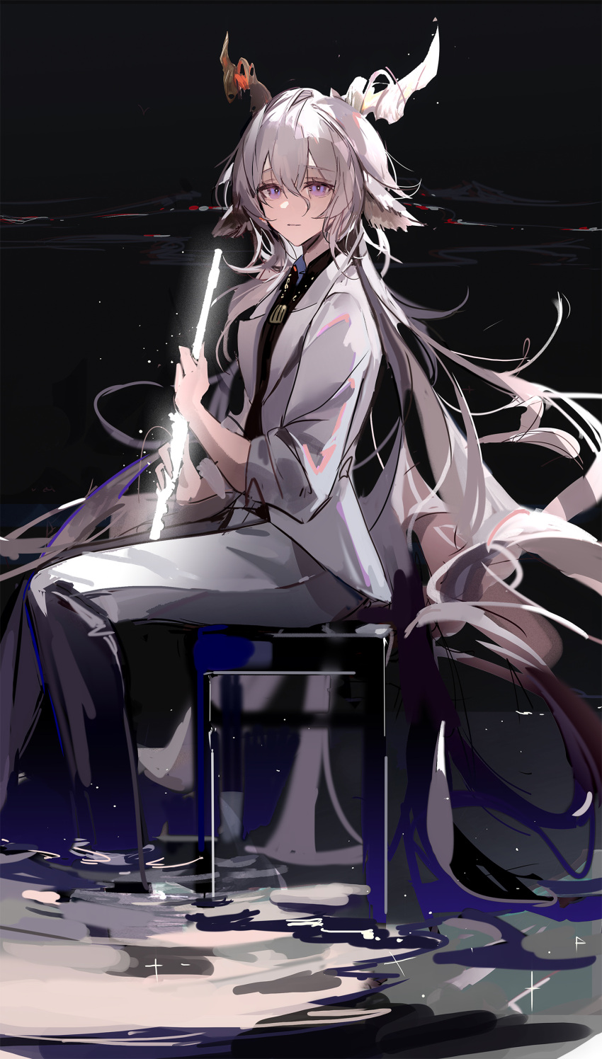 1boy absurdres animal_ears arknights bangs english_commentary from_side glowing goat_boy goat_ears goat_horns grey_hair highres holding holding_instrument horns instrument jacket jewelry kreide_(arknights) long_hair long_sleeves looking_at_viewer looking_to_the_side male_focus necklace open_clothes open_jacket pants parted_lips purple_eyes sitting smile solo sparkle stool taiz22 very_long_hair water white_jacket white_pants
