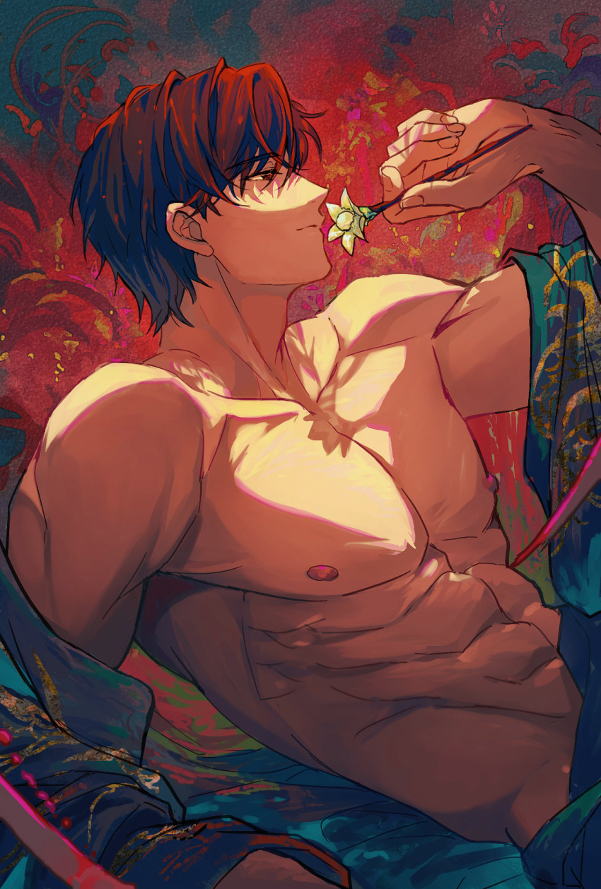 1boy abs bangs bare_pectorals bishounen black_hair closed_mouth flower from_side highres holding holding_flower lalatia-meai large_pectorals light_and_night_love lu_chen male_focus muscular muscular_male nipples obliques partially_undressed pectorals red_eyes short_hair smile solo upper_body