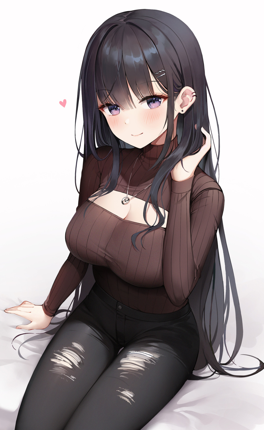 1girl absurdres bangs black_pants blush borrowed_character breasts brown_sweater cleavage cleavage_cutout closed_mouth clothing_cutout cowboy_shot denim ear_piercing earrings hair_behind_ear hair_ornament hairclip hand_in_own_hair hand_up heart highres jehyun jewelry large_breasts long_hair long_sleeves looking_at_viewer necklace original pants piercing purple_eyes ribbed_sweater sidelocks simple_background sitting smile solo stud_earrings sweater sweater_tucked_in thighs tight torn_clothes torn_pants turtleneck turtleneck_sweater very_long_hair white_background