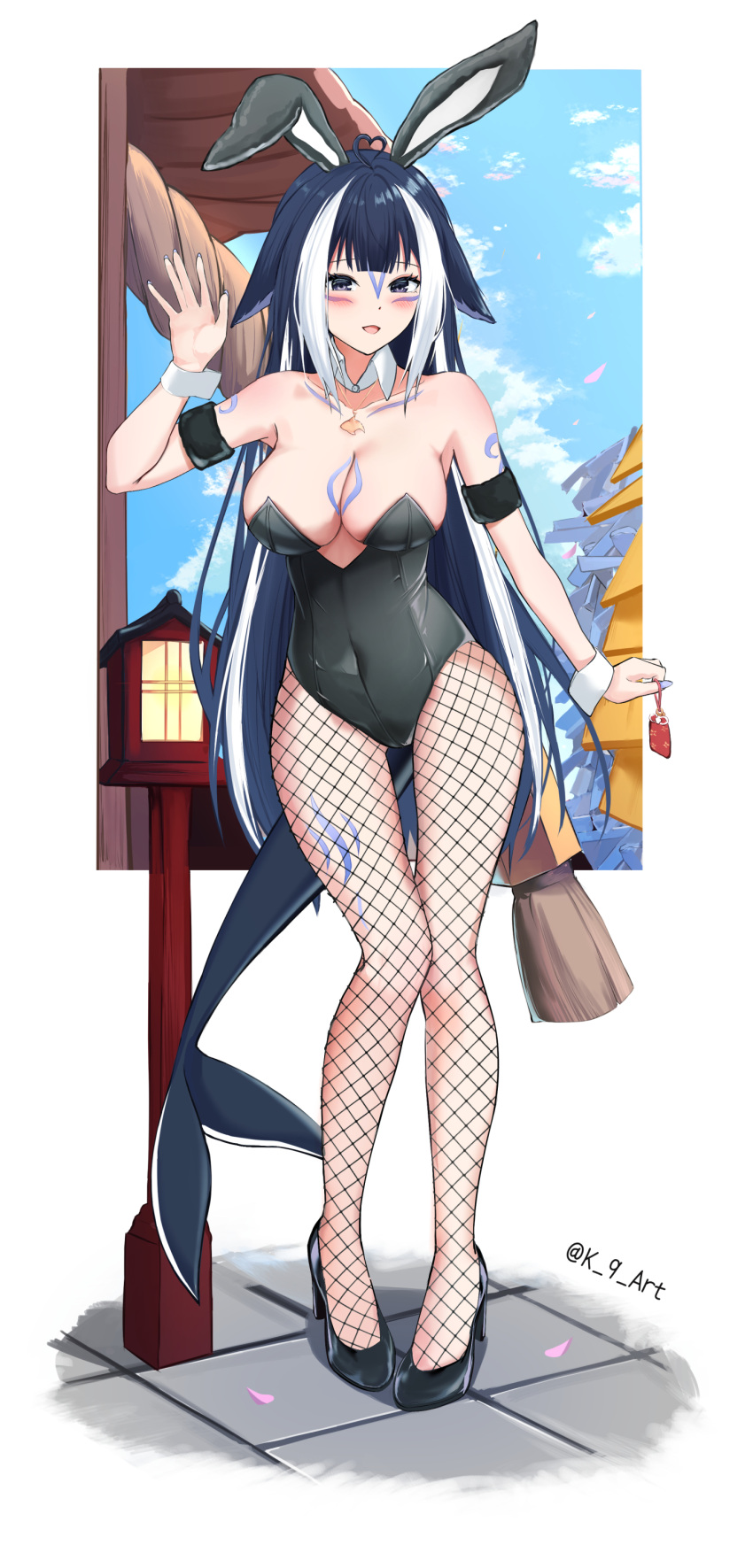 1girl absurdres animal_ears black_footwear black_hair black_leotard blue_nails blush body_markings breasts cetacean_tail chinese_zodiac cleavage collar covered_navel detached_collar english_commentary evjvd fake_animal_ears fish_tail fishnet_pantyhose fishnets high_heels highres indie_virtual_youtuber large_breasts leotard long_hair looking_at_viewer multicolored_hair nail_polish navel new_year open_mouth orca_girl pantyhose playboy_bunny purple_eyes shylily strapless strapless_leotard streaked_hair tail virtual_youtuber waving white_collar white_hair white_wrist_cuffs wrist_cuffs year_of_the_rabbit