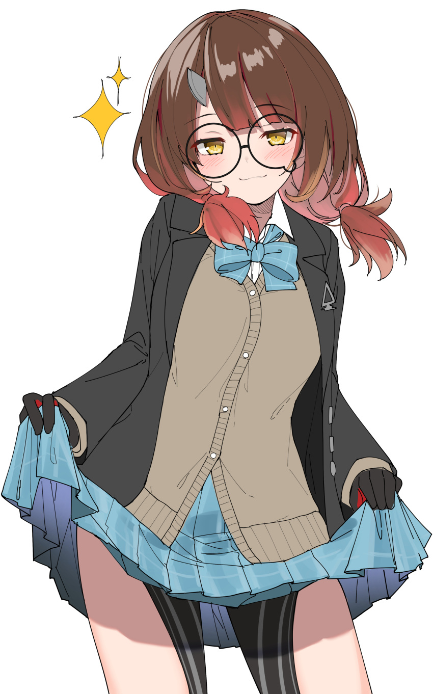 1girl absurdres black_jacket blazer blue_bow blue_bowtie blue_skirt bow bowtie brown_hair cardigan glasses highres hololive jacket long_hair looking_at_viewer low_twintails pleated_skirt roboco-san simple_background sketch skirt skirt_hold solo standing twintails upper_body virtual_youtuber white_background yellow_eyes yuuzuki_(re'ef)