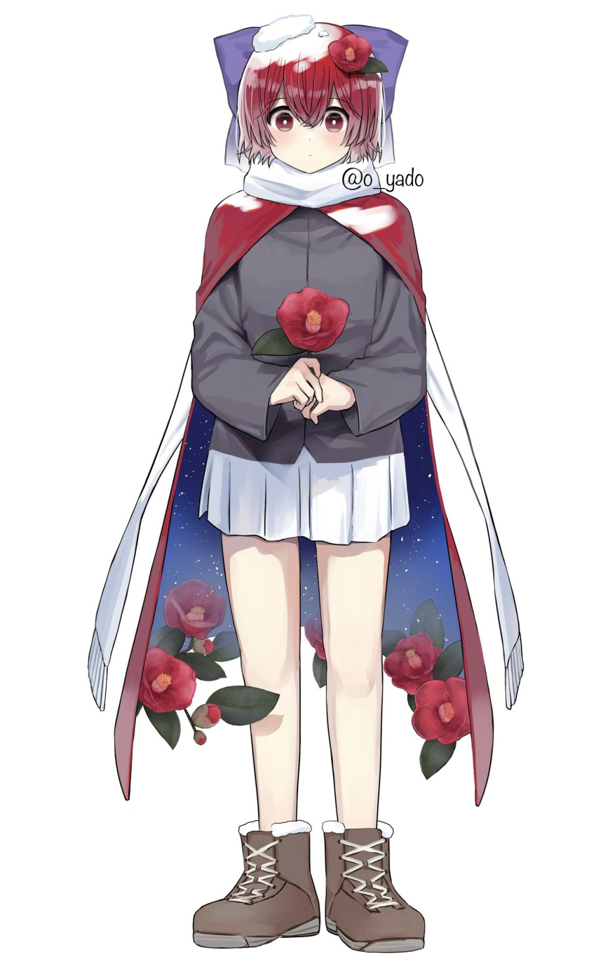 1girl artist_name bangs boots bright_pupils cape expressionless flower flower_request full_body hair_between_eyes highres holding holding_flower looking_at_viewer pleated_skirt red_flower red_hair sekibanki short_hair simple_background skirt snow solo standing touhou white_background white_pupils white_skirt yadoyuki