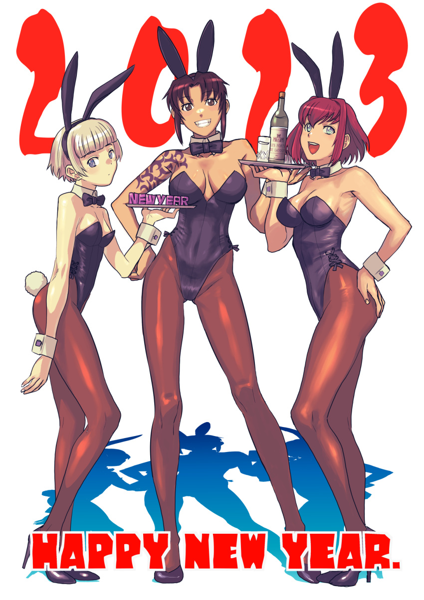 2023 341_sentoudan 3girls :d alternate_costume animal_ears bangs bare_shoulders black_lagoon black_leotard blunt_bangs bow bowtie breasts brown_eyes brown_hair cleavage commentary_request covered_navel creator_connection detached_collar ermina_shaumaher fake_animal_ears fake_tail full_body grin hand_on_hip happy_new_year high_heels highres hiroe_rei large_breasts leotard long_hair looking_at_viewer medium_breasts meteora_osterreich multiple_girls pantyhose playboy_bunny ponytail rabbit_ears rabbit_tail re:creators red_hair revy_(black_lagoon) small_breasts smile standing strapless strapless_leotard swept_bangs tail tattoo teeth upper_teeth_only white_hair wrist_cuffs