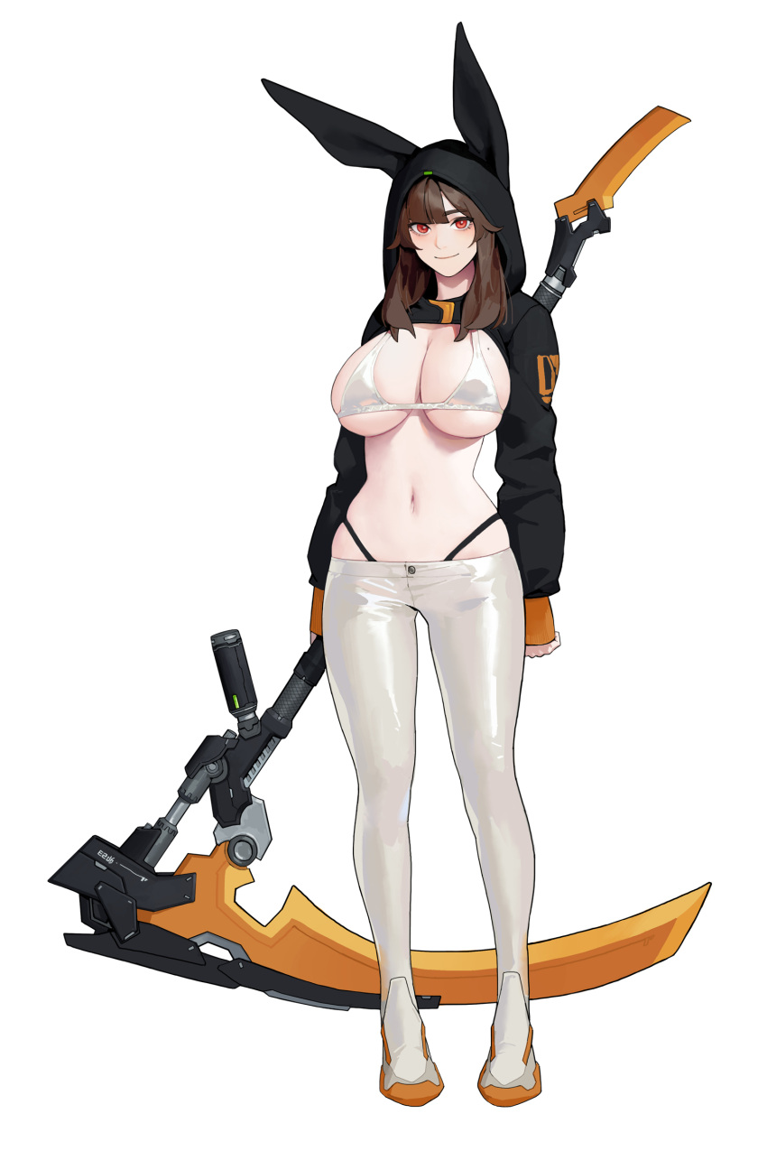 1girl absurdres animal_ears arms_at_sides bangs black_panties breasts brown_eyes brown_hair closed_mouth cropped_hoodie dongho_kang fake_animal_ears full_body highleg highleg_panties highres holding holding_scythe holding_weapon hood hood_up hoodie large_breasts long_hair long_sleeves looking_at_viewer navel original panties pants rabbit_ears scythe shiny shiny_hair shoes simple_background smile solo standing stomach underwear weapon white_background white_pants