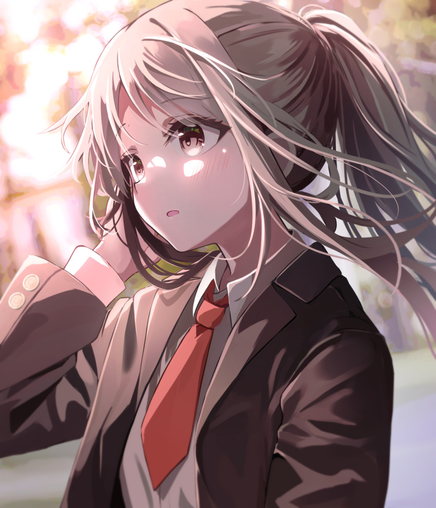 1girl bangs black_jacket blurry blurry_background blush brown_eyes collared_shirt depth_of_field grey_hair hand_up highres jacket long_hair necktie open_clothes open_jacket original parted_lips ponytail red_necktie seero shirt solo upper_body white_shirt