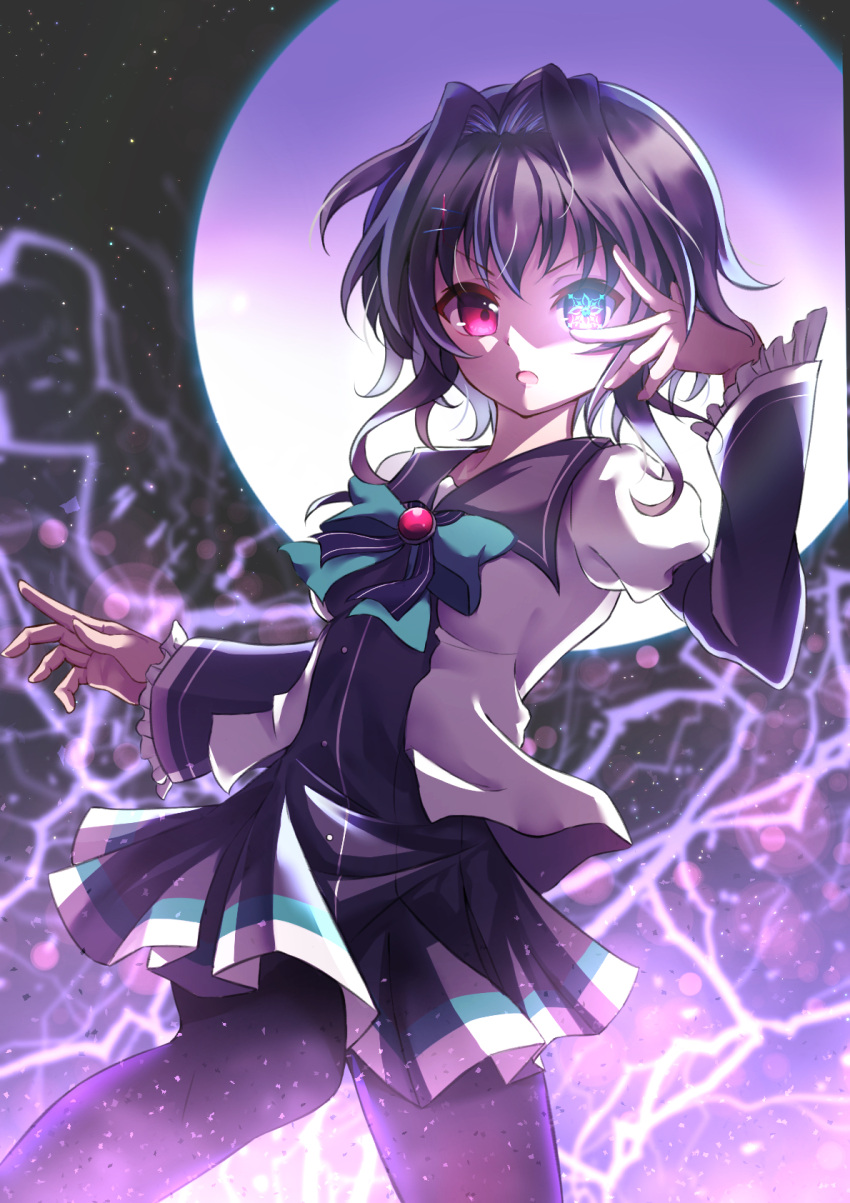 1girl 9-nine- bangs black_collar black_dress black_hair black_pantyhose black_ribbon blurry bow breasts chest_jewel collar depth_of_field dress electricity eyelashes finger_to_eye frilled_sleeves frills full_moon gem green_bow hair_between_eyes hair_intakes hand_up hato_maron highres long_sleeves looking_at_viewer moon night open_mouth pantyhose puffy_short_sleeves puffy_sleeves red_eyes red_gemstone ribbon school_uniform shirt short_hair_with_long_locks short_sleeves sky small_breasts standing star_(sky) starry_sky v-shaped_eyebrows white_shirt wide_sleeves yuuki_noa