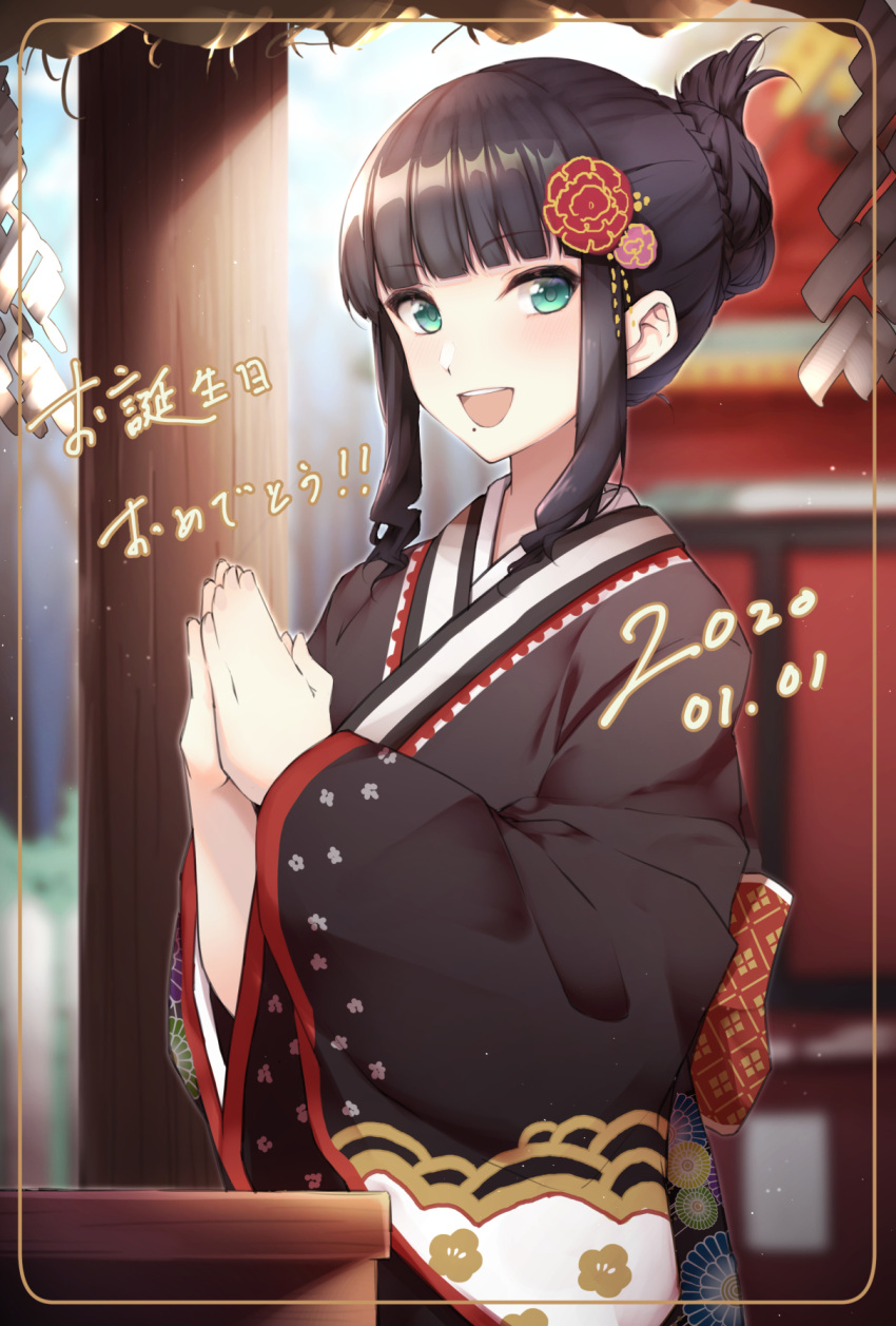 1girl bangs birthday black_hair commentary_request green_eyes hair_bun hair_ornament hair_up highres kurosawa_dia long_hair looking_at_viewer love_live! love_live!_sunshine!! mole mole_under_mouth new_year otsumami_(otsu-mugi) sidelocks smile upper_body