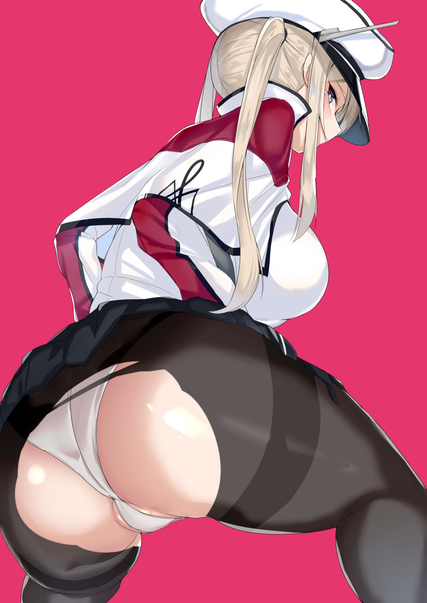 1girl absurdres ass black_pantyhose blue_eyes blush breasts commentary_request graf_zeppelin_(kancolle) hat highres kantai_collection large_breasts long_hair long_sleeves looking_at_viewer looking_back maruyaa_(malya1006) panties pantyhose partially_visible_vulva pink_background sidelocks simple_background solo thighband_pantyhose thighs torn_clothes torn_pantyhose twintails underwear white_headwear white_panties