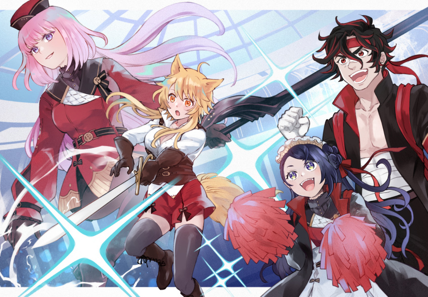 1boy 3girls :o animal_ears bandaid bandaid_on_face bandaid_on_nose black_gloves black_hair blonde_hair boots breasts cheerleader cleavage clenched_hand cocoruye_lulu gakuran gloves hair_between_eyes headband highres holding holding_sword holding_weapon long_hair maid_headdress masaru_kongo multiple_girls nn_nn orange_eyes pectorals pink_hair pixiv_fantasia pixiv_fantasia_scepter_of_zeraldia pom_pom_(cheerleading) purple_eyes red_headband red_ribbon red_shorts ribbon school_uniform sharp_teeth shirt shorts sparkle standing sword swylveine_klark tail teeth thighhighs weapon white_gloves white_shirt