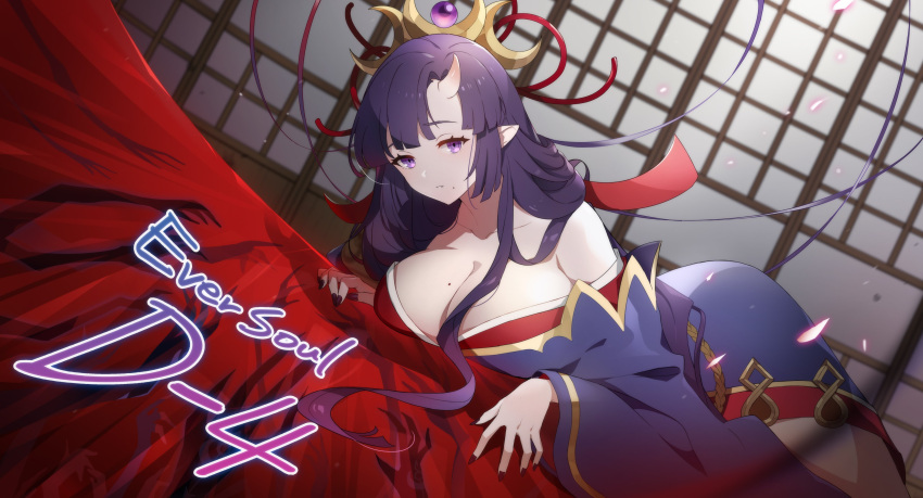 1girl absurdres asymmetrical_bangs ayame_(eversoul) bangs bare_shoulders breasts cleavage countdown eversoul hair_ornament highres horns japanese_clothes kimono korean_commentary large_breasts looking_at_viewer loose_clothes mole mole_on_breast nail_polish off_shoulder official_art on_floor oni_horns pointy_ears promotional_art purple_eyes purple_hair ribbon shadow single_horn solo