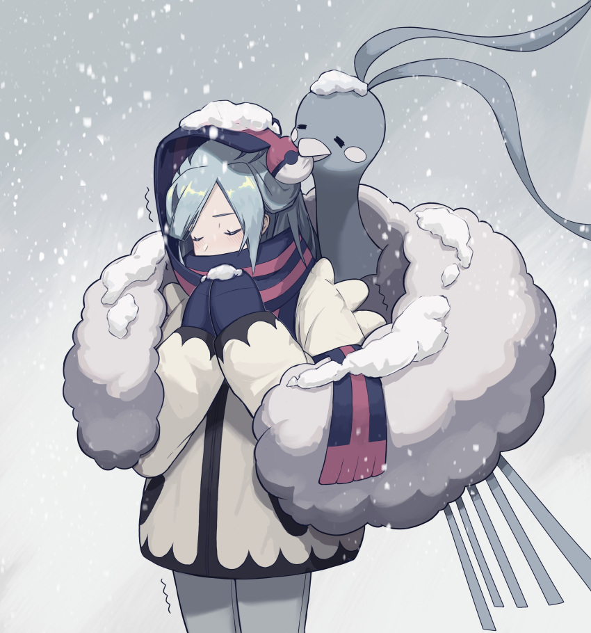 1boy absurdres altaria blush closed_eyes commentary grusha_(pokemon) hands_up highres jacket long_sleeves male_focus mittens own_hands_together pants pokemon pokemon_(creature) pokemon_(game) pokemon_sv rcs_4 scarf scarf_over_mouth snow snowing standing striped striped_scarf symbol-only_commentary trembling