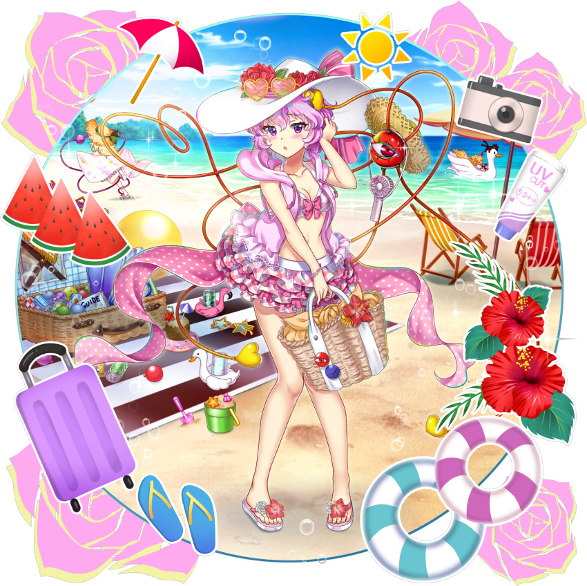 3girls artist_request ball beach beach_towel beach_umbrella beachball bikini blush bow bowtie bra breasts cat chen chen_(cat) cleavage commentary_request eyeball flower food frilled_scarf frilled_skirt frills hat heart heart-shaped_eyewear heart_of_string highres hoshiguma_yuugi komeiji_koishi komeiji_satori looking_at_viewer multiple_girls navel ocean official_art open_bag open_mouth outdoors pink_bra pink_eyes pink_hair pink_ribbon pink_skirt polka_dot ribbon ribbon-trimmed_collar ribbon_trim rose sandals short_hair siblings sisters skirt slippers small_breasts solo_focus string swimsuit third_eye touhou touhou_lost_word towel umbrella underwear white_headwear