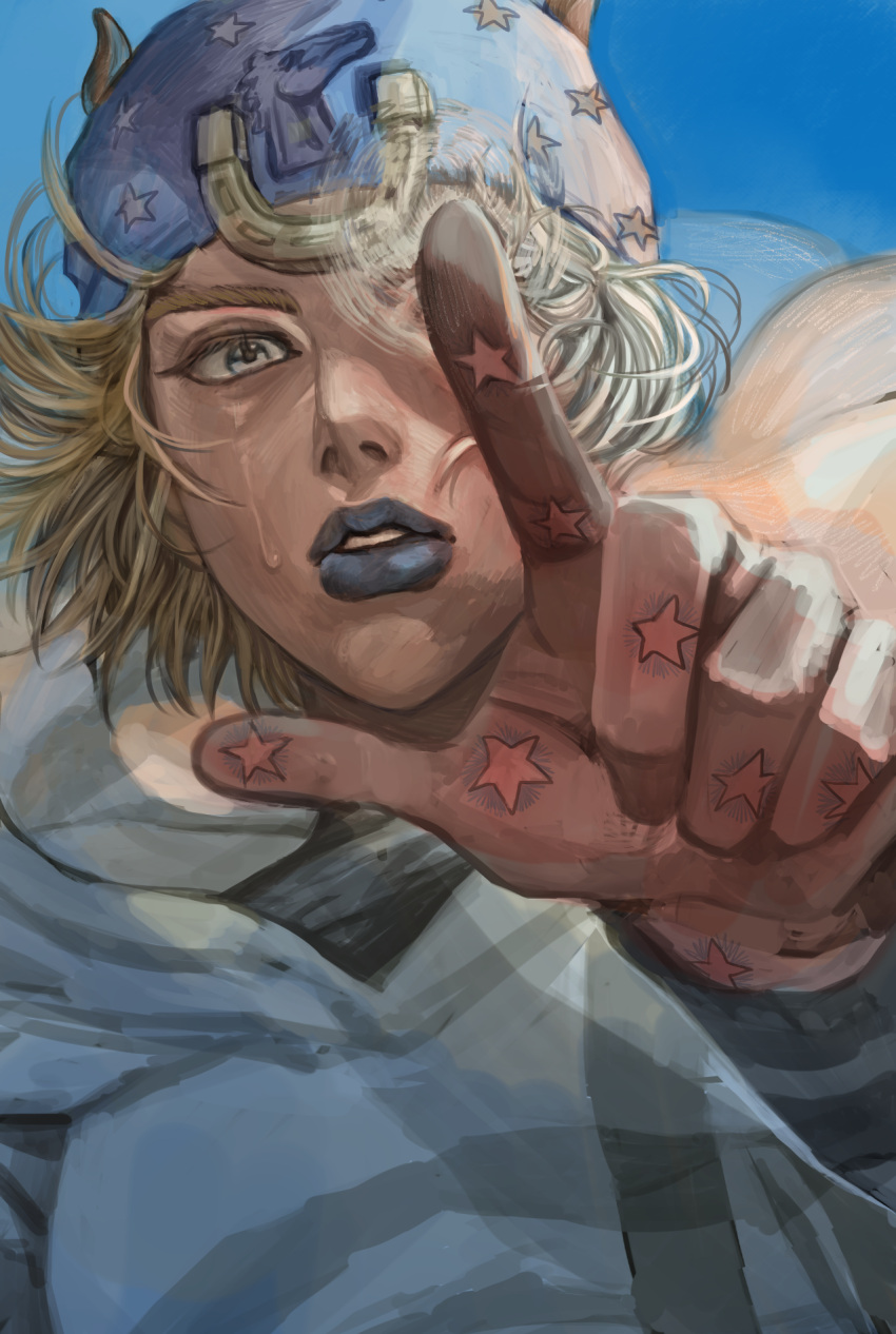 1boy blonde_hair blue_lips commentary_request expressionless fake_horns hand_up hat highres hood hoodie horned_headwear horns horseshoe_ornament index_finger_raised johnny_joestar jojo_no_kimyou_na_bouken looking_at_viewer male_focus one_eye_covered parted_lips perspective short_hair snr_snr star_(symbol) steel_ball_run tears teeth upper_body