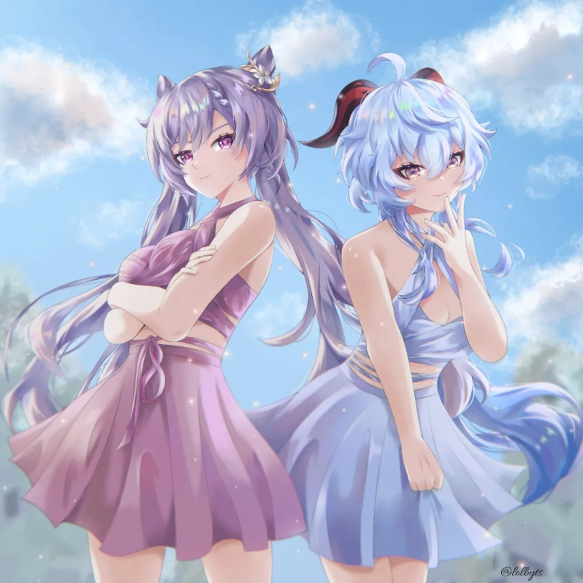 2girls ahoge alternate_costume bangs bare_arms bare_shoulders blue_skirt blue_sky blurry blurry_background braid breasts cleavage closed_mouth cloud commentary cone_hair_bun contemporary cowboy_shot criss-cross_halter crop_top crossed_arms double_bun floating_hair flower ganyu_(genshin_impact) genshin_impact goat_horns gradient_eyes hair_between_eyes hair_bun hair_flower hair_ornament halterneck hand_up horns keqing_(genshin_impact) lolbyts long_hair medium_breasts midriff multicolored_eyes multiple_girls outdoors pleated_skirt ponytail purple_eyes purple_shirt purple_skirt ribbon shirt side-by-side sidelocks skirt sky sleeveless sleeveless_shirt smile standing thighs twintails twitter_username white_flower