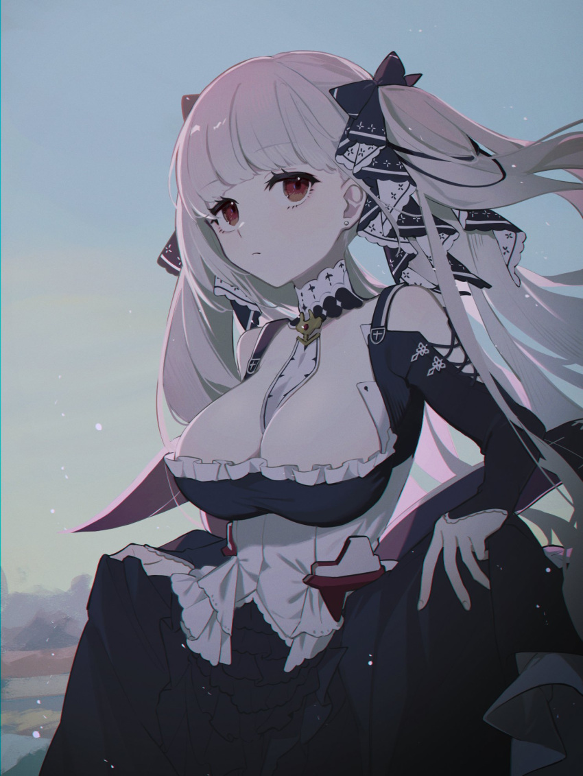 1girl azur_lane black_bow black_dress bow breasts cleavage dress earrings formidable_(azur_lane) frilled_dress frills grey_hair hair_ornament highres jewelry large_breasts long_hair motamo_(motamotri) red_eyes skirt_hold solo stud_earrings twintails two-tone_dress