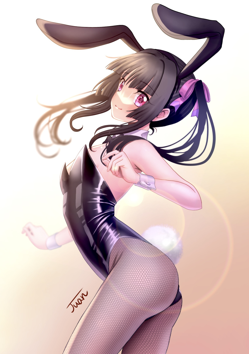 1girl absurdres animal_ears ass bangs black_hair black_leotard blunt_bangs bow bowtie breasts detached_collar fake_animal_ears fishnet_pantyhose fishnets from_behind highres juan_0121 leotard long_hair looking_at_viewer looking_back pantyhose pink_eyes playboy_bunny rabbit_ears rabbit_tail senki_zesshou_symphogear shiny shiny_hair shiny_skin small_breasts solo standing strapless strapless_leotard tail tsukuyomi_shirabe twintails wrist_cuffs