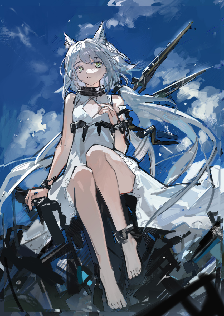 1girl absurdres animal_ear_fluff animal_ears anklet arknights arm_support bangs barefoot blue_sky cat_ears cat_girl cleavage_cutout clothing_cutout cloud cloudy_sky collar cuffs detached_wings dress feet full_body green_eyes hand_up highres jewelry legs long_hair looking_to_the_side low_twintails mechanical_wings mento official_alternate_costume parted_lips rosmontis_(arknights) rosmontis_(become_anew)_(arknights) shackles single_wing sitting sky sleeveless sleeveless_dress solo sundress swept_bangs toenails toes twintails very_long_hair white_dress wings