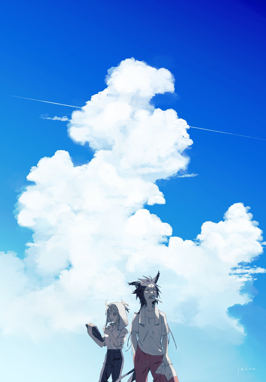 2girls air_shakur_(umamusume) animal_ears black_hair black_pants breasts clipboard cloud contrapposto female_trainer_(umamusume) flat_chest food hand_in_pocket highres holding holding_clipboard holding_clothes holding_jacket horse_ears horse_girl horse_tail jacket jemma_(mashirahoshi) long_hair looking_up mouth_hold multiple_girls open_mouth outdoors pants popsicle red_shorts shirt short_sleeves shorts signature sleeves_rolled_up small_breasts standing sweat tail teeth_hold towel towel_around_neck towel_on_head trainer_(umamusume) umamusume v-shaped_eyebrows white_shirt